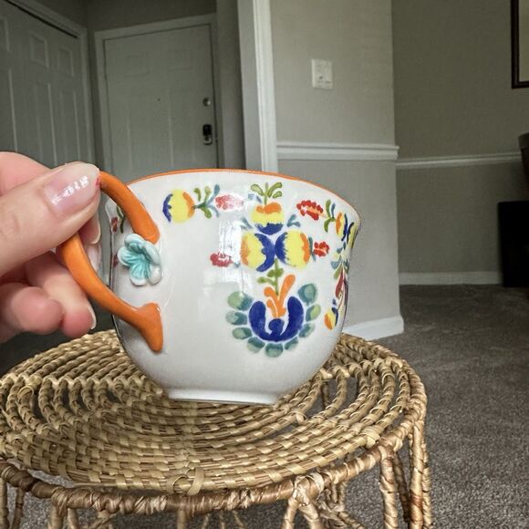 Anthropologie Cadiz Floral Mug With Orange Handle And Blue Flower - Picture 8 of 12